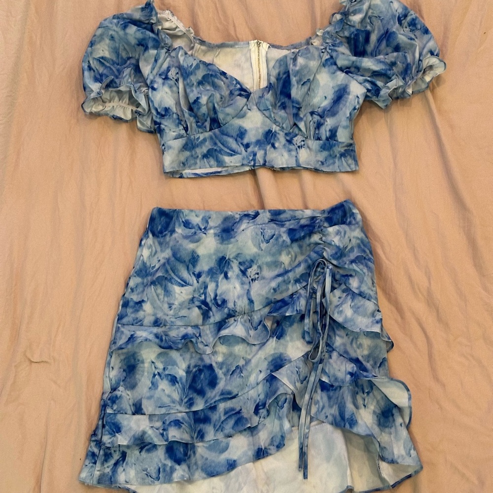 Blue Tie-Dye Crop Top and Skirt Set